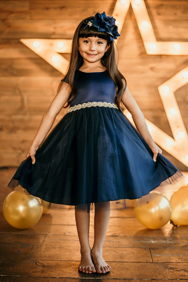 Little Girls Navy Satin Tulle Rhinestone Christmas Dress 2T-6